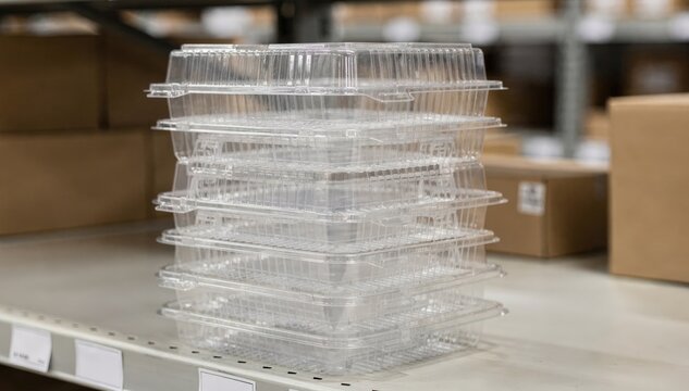 Medium shot of stackable clear plastic clamshell packaging emphasizing spaceefficient storage and protective layering for retail items in backroom or store displays.