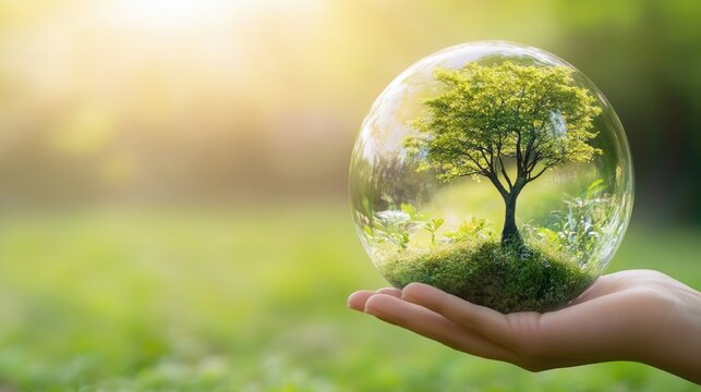 Hand of human holding Crystal globe ball with tree for ESG, co2, and net zero, the balance between humanity and the planet