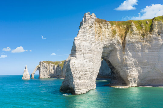 Picturesque panoramic landscape on the cliffs of Etretat. Etretat, Normandy, France