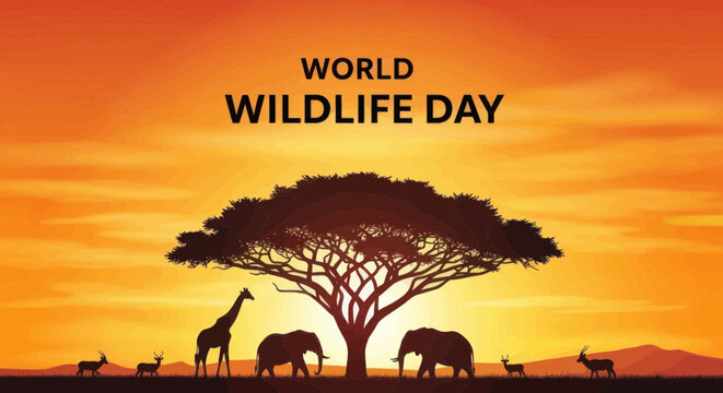 World wildlife day poster with african savanna silhouette