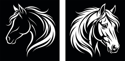 Horse head portrait stencil set black and white vector illustration beautiful stallion mane line art profile graphic design © MstAirin