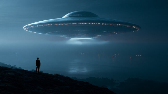 Cinematic Night Scene of Ufo above Foggy Valley
