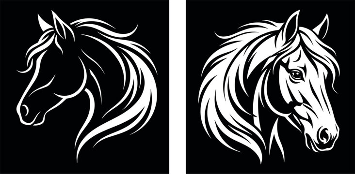 Horse head portrait stencil set black and white vector illustration beautiful stallion mane line art profile graphic design