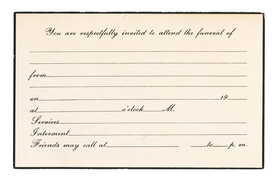 Authentic Vintage 1940s Funeral Invitation Card Ephemera w/ Blank Fill In Lines - Black Border - Isolated Antique Mourning Memorial Stationery