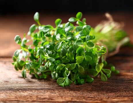 raw green living cress or watercress leaves bunch on wooden table background organic healthy leaves of cress for eat garden cress or watercress lepidium sativum mustard garden pepper pepperwort