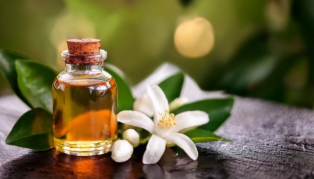 neroli citrus aurantium essential oil in bottle fresh white flowers green leaf neroli essential oil natural orange flower attar parfume neroli essential oil for aromatherapy spa massage
