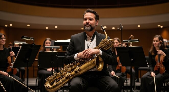 Man playing baritone saxophone in orchestra.