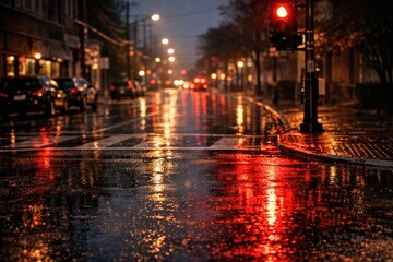Fototapeta premium A dark and rainy city street with a red traffic light, great for nighttime scenes or urban atmosphere