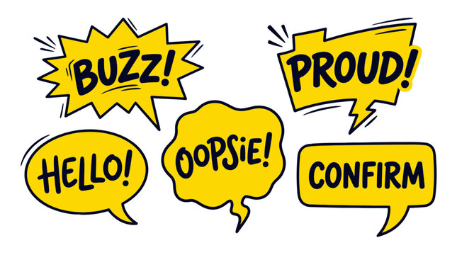 Yellow comic balloons with hello and proud text labels.
