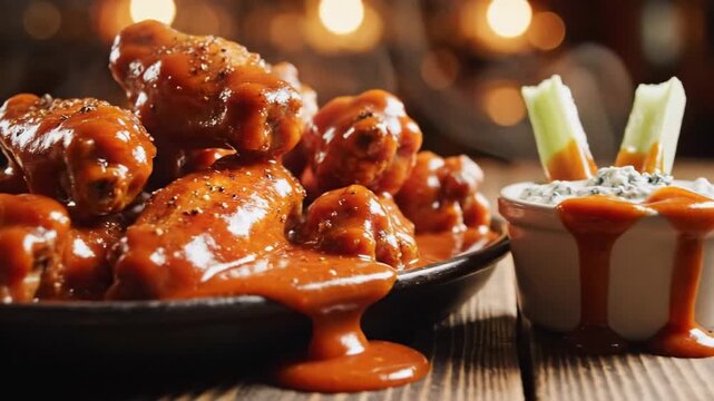 Closeup of saucy chicken wings in a dark bowl with glossy glaze, warm bokeh lights create a cozy party mood, served with celery sticks and dip
