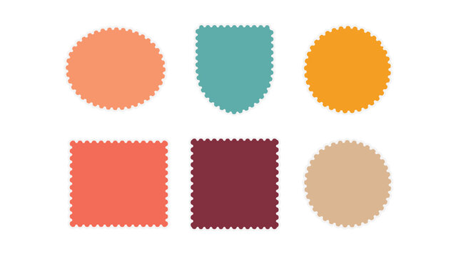 Six colorful scalloped edge shapes including circles squares and a shield