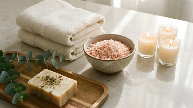 Spa wellness concept with towels soap bath salt