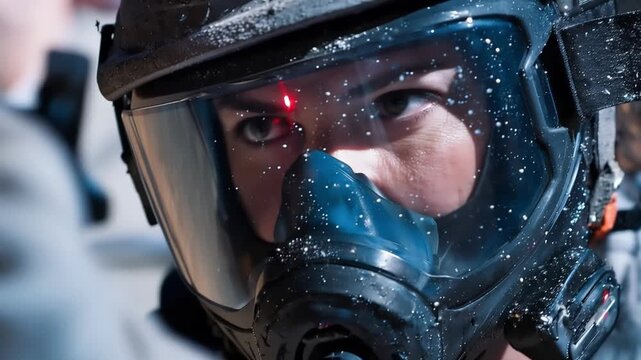 Close-up of person in protective helmet and respirator with laser