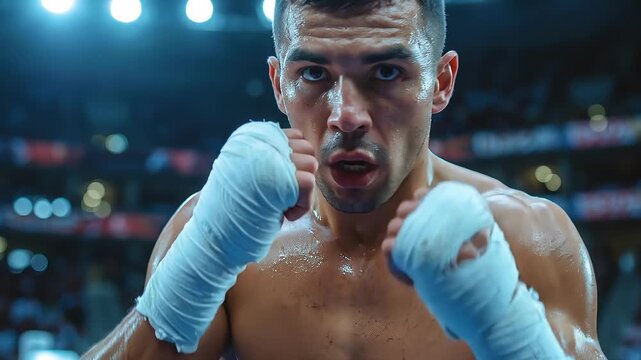 Determined Boxer with Wrapped Hands in Ring