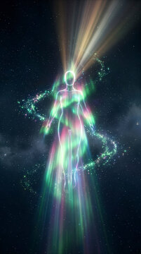 Luminous Ethereal Divine Light Being Standing in Cosmic Space with God Rays and Energy Particles Spiritual Ascension