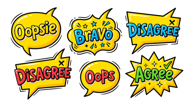 Varied comic word bubbles with bravo and oopsie.