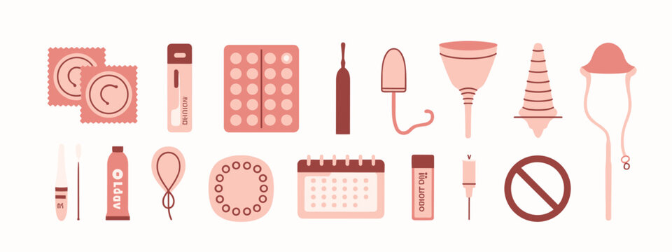 Collection of feminine hygiene and reproductive health products and symbols