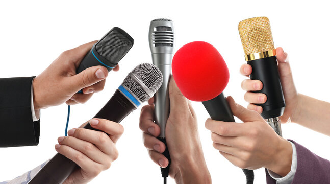 People holding microphones in hands against transparent background, closeup