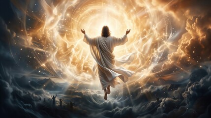 Obraz premium Jesus Christ ascending to heaven surrounded by angels. Bible scene of Ascension Day depicting the miracle of resurrection. Divine light and spiritual glory in the clouds of sky.