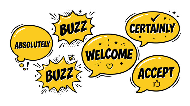 Yellow chat bubbles containing welcome and accept phrases.