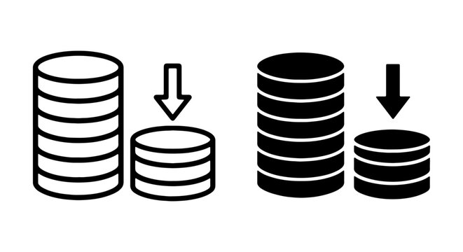 Coin Stack Decrease Icons, Financial Loss Symbol, Money Value Drop Vector Set