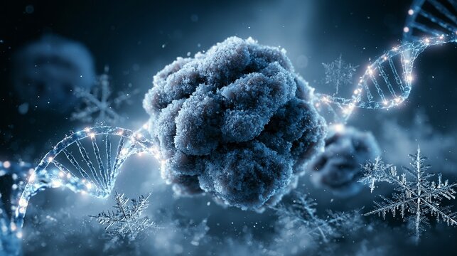 A macro view of fossilized animal droppings preserved in Arctic ice, with luminous DNA helixes and frost crystals around it; curious mood, icy blue lighting, centered scientific composition.