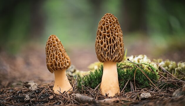 detail shot of two beautiful morel mushrooms
