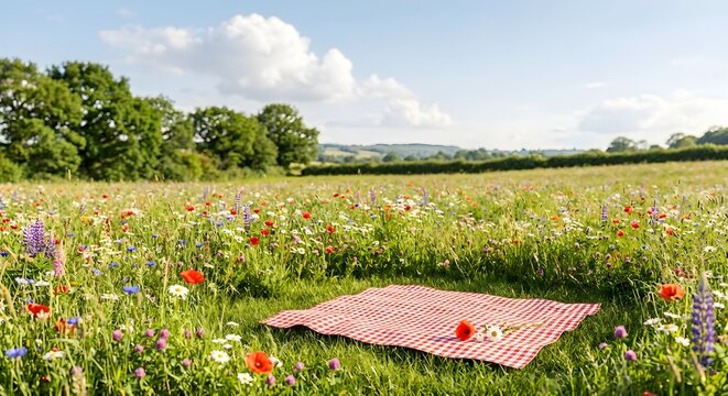 Red Gingham Picnic Blanket on a Sun Drenched Wildflower Meadow with Poppies and Daisies Under a Blue Sky