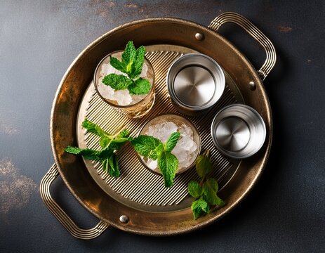 mint julep in the kentucky derby classic silver glass with fresh mint leaves on a tray overhead flat lay shot