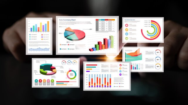 Business analysis visuals displaying various data charts, graphs, and infographics for effective presentation and understanding of information insights. Bitwise.