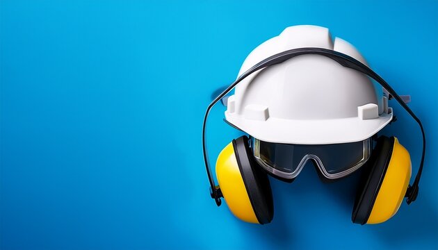 yellow headphones with a white helmet and dark welding glasses on a blue background