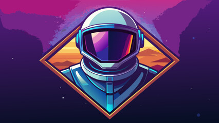 Retro synthwave style astronaut portrait illustration set against a geometric diamond landscape on a starry cosmic background with astronaut portrait synthwave geometric exploration universe © icon sos