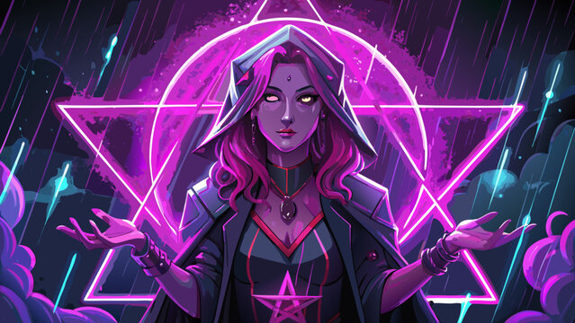 Powerful sorceress with glowing eyes and outstretched hands in front of a neon star sorceress pentagram mystical supernatural character esoteric summoning mythology enchantress illustration