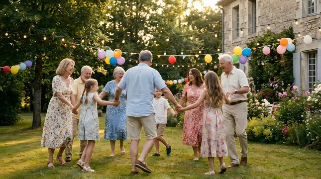 Multi generational family enjoying a summer garden party dancing in a circle holding hands
