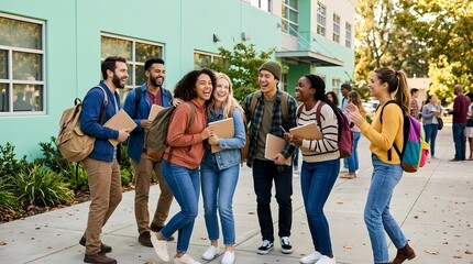 Fototapeta premium Diverse group of happy college students laughing and walking outside a modern building with backpacks and books
