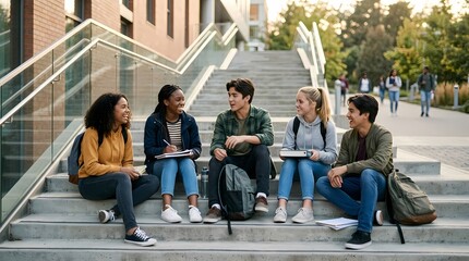 Obraz premium Diverse group of college students laughing and talking while sitting on campus stairs during daytime