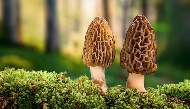 shot of two amazing edible and tasty morel mushrooms with blurred mossy background