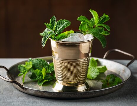 mint julep in the kentucky derby classic silver glass with fresh on a tray