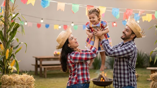 Joyful family celebrating Festa Junina with daughter lifted in the air wearing straw hats and checkered shirts