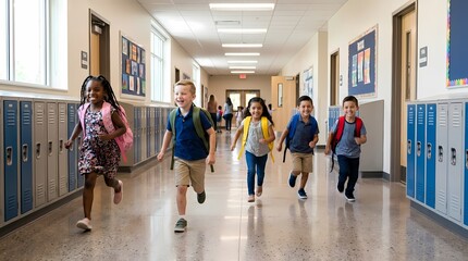 Fototapeta premium Diverse group of happy elementary school children running down a bright school hallway with lockers