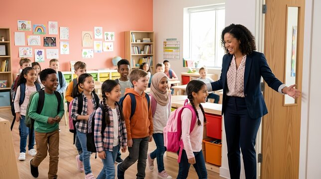 Diverse group of elementary school children with backpacks entering a classroom guided by a smiling teacher