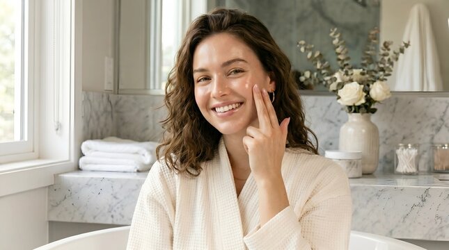 Happy woman applying face cream in a luxurious bathroom.