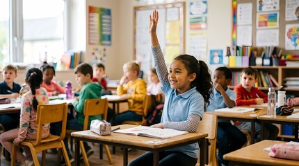 Obraz premium Young diverse students in a classroom raising hands to answer questions during a lesson