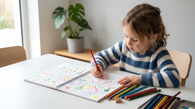 Young girl with curly hair drawing and coloring in a notebook with colored pencils at a white table