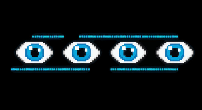 Four blue pixel art eyes on black background