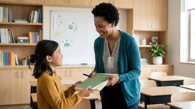 Teacher hands student a stack of notebooks in a bright modern classroom setting
