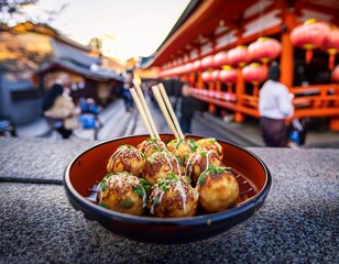 Naklejka premium takoyaki japanese food on the street to fushimi inari shrine at kyoto japan