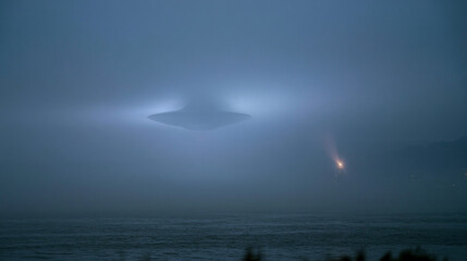 Misty Morning Over River with Disc-Shaped Object in Fog