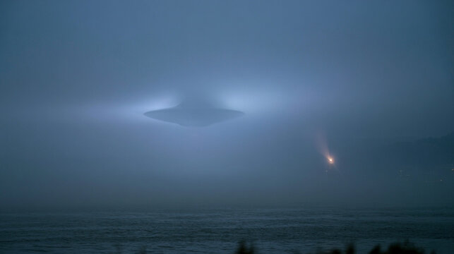 Misty Morning Over River with Disc-Shaped Object in Fog