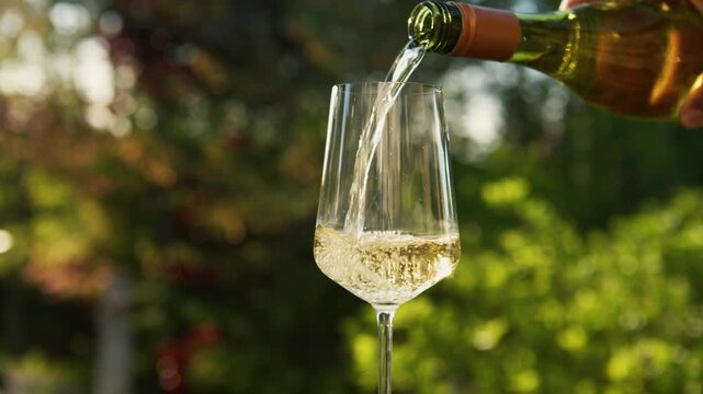 In a beautiful winery, a hand pours crisp sparkling wine into a glass, creating delightful bubbles. This moment celebrates the joy of taste during a golden evening.